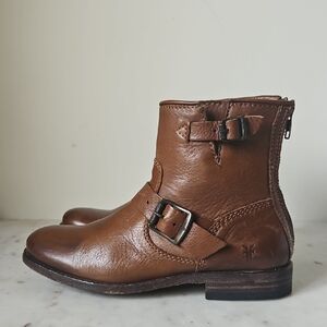 Frye Tan Leather Buckle Moto Boots